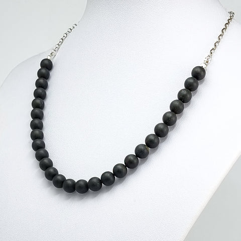 Black Amber Round Beads Necklace Sterling Silver