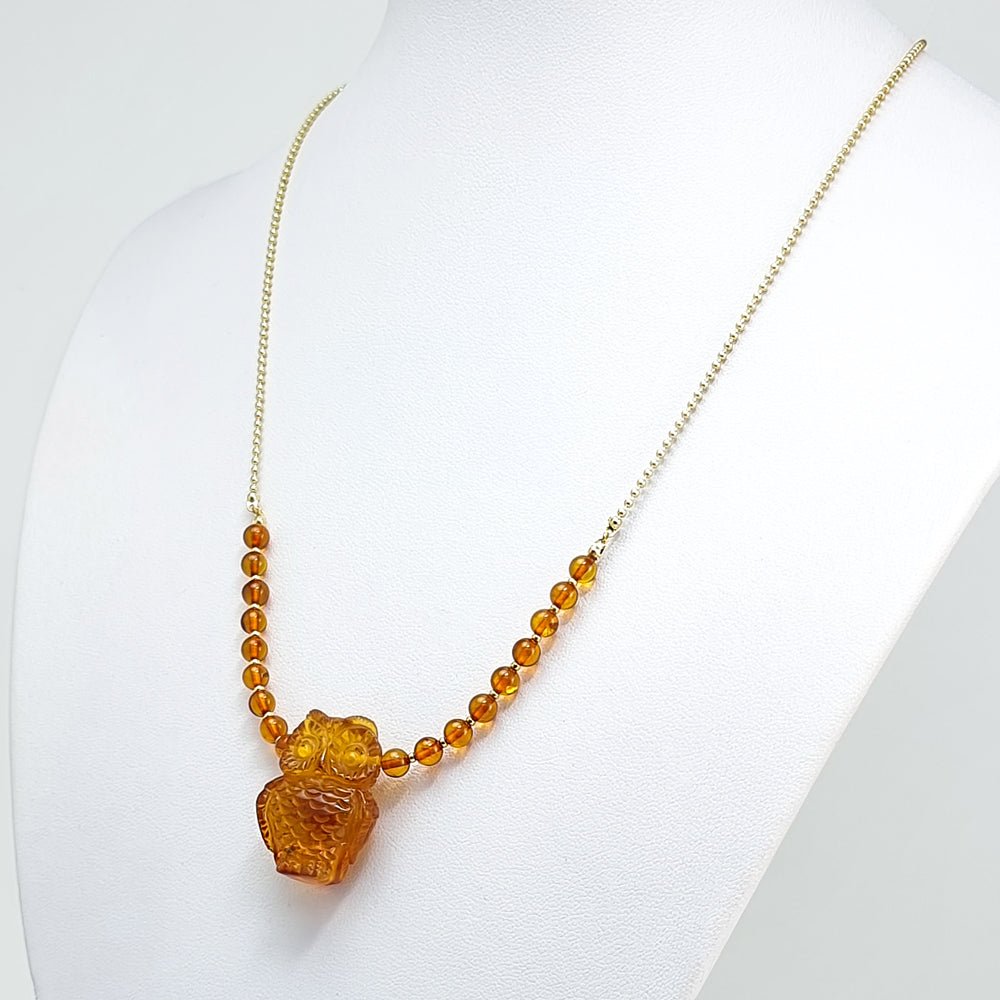 Cognac Amber Owl Pendant Necklace 14K Gold Plated