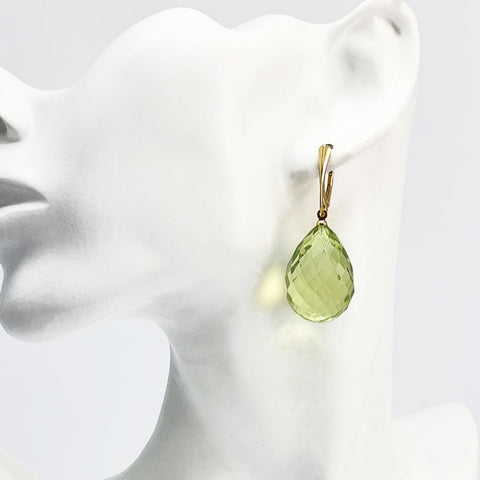 Faceted Green Amber Drop Dangle Earrings 14k Gold Plated