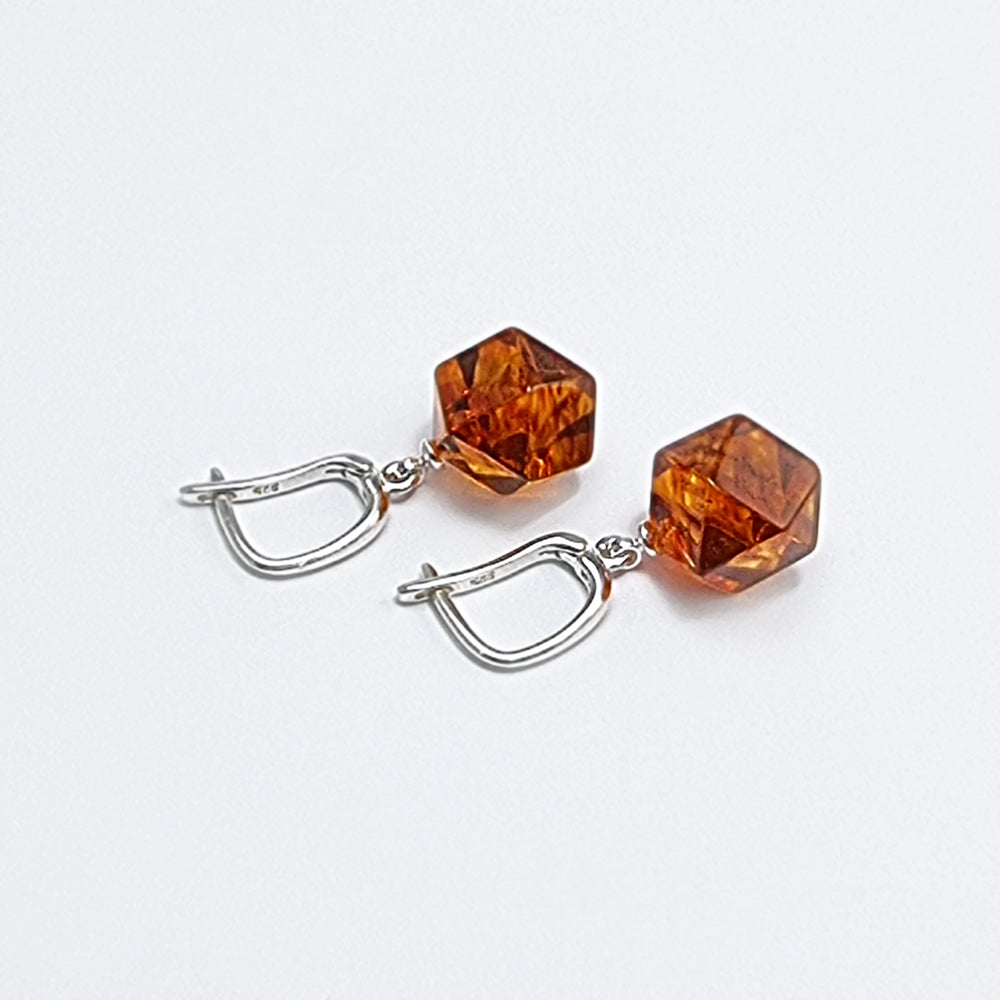 Cognac Amber Crystal Dangle Earrings Sterling Silver