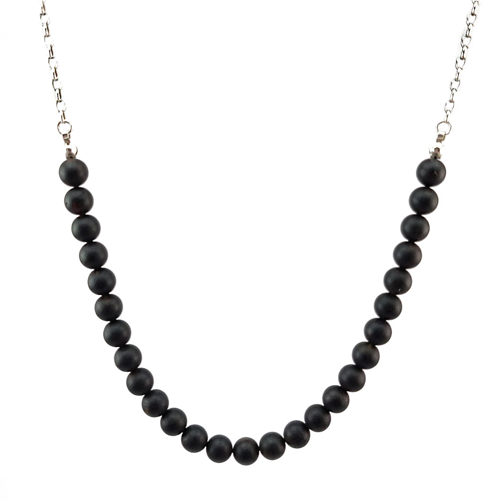 Black Amber Round Beads Necklace Sterling Silver