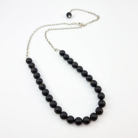 Black Amber Round Beads Necklace Sterling Silver