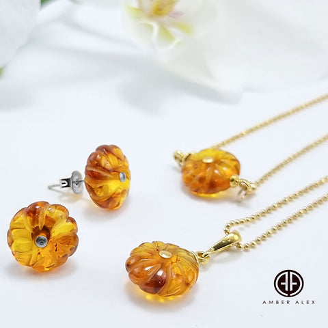 Cognac Amber Carved Flower Stud Earrings Sterling Silver