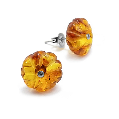 Cognac Amber Carved Flower Stud Earrings Sterling Silver