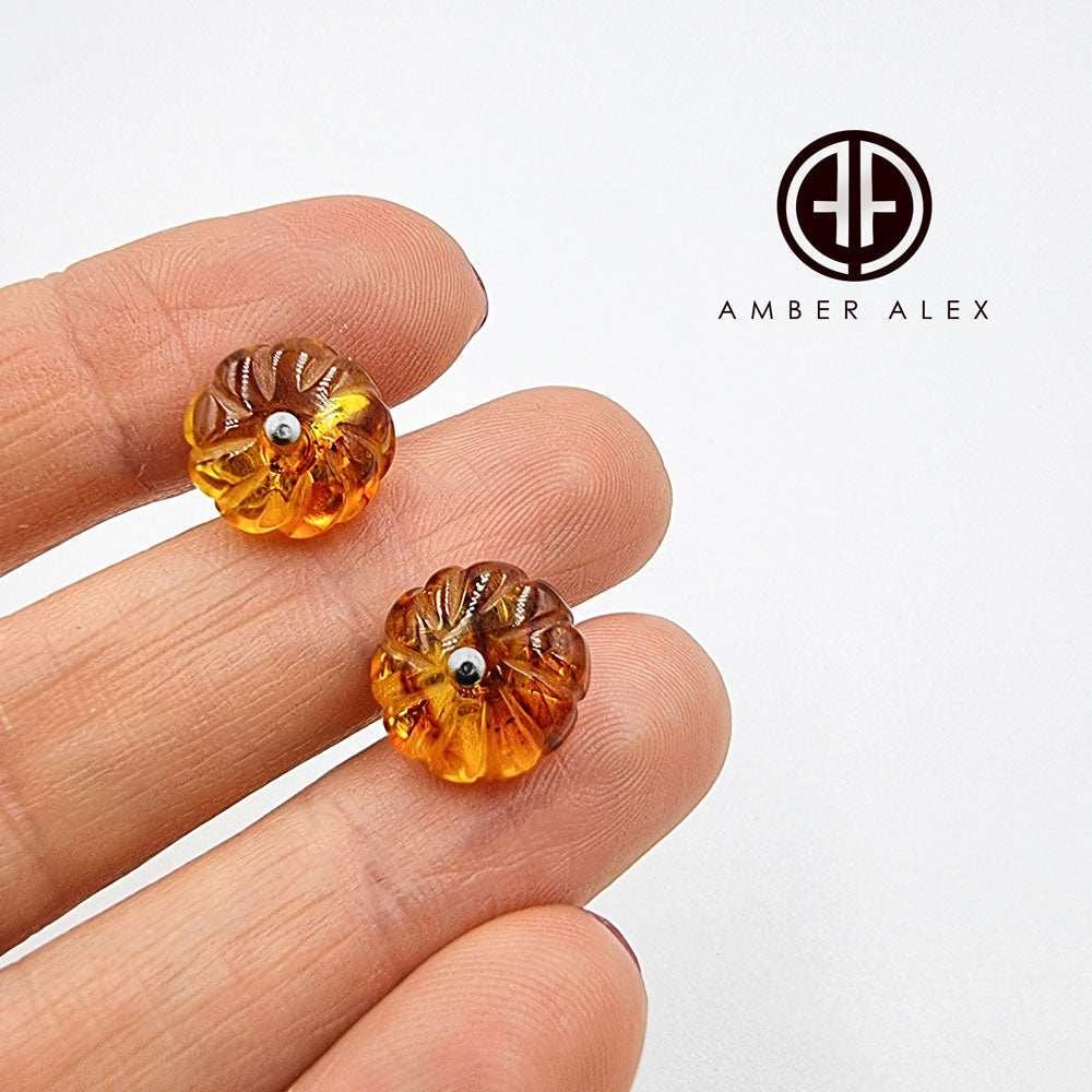 Cognac Amber Carved Flower Stud Earrings Sterling Silver