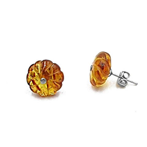 Cognac Amber Carved Flower Stud Earrings Sterling Silver