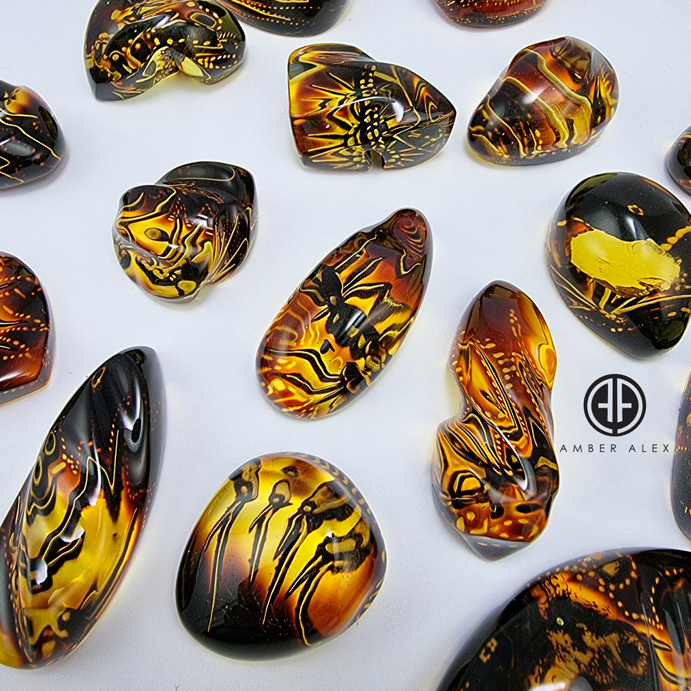 Gradient Color Amber Carved Free Shape Cabochon