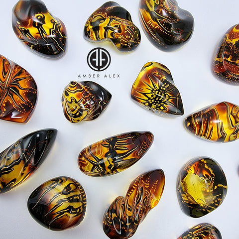 Gradient Color Amber Carved Free Shape Cabochon