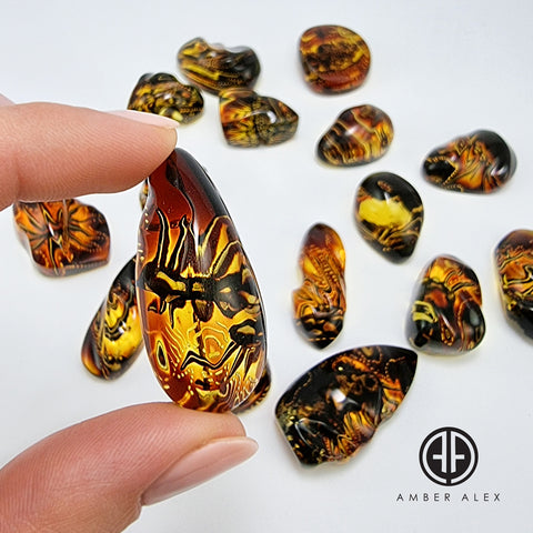 Gradient Color Amber Carved Free Shape Cabochon