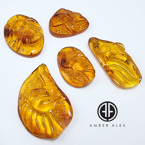 Cognac Amber Carved Elephant Cabochons