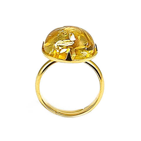 Lemon Amber Round Adjustable Ring 14K Gold Plated