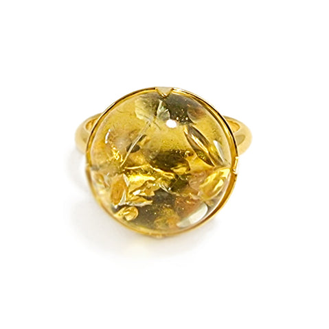 Lemon Amber Round Adjustable Ring 14K Gold Plated