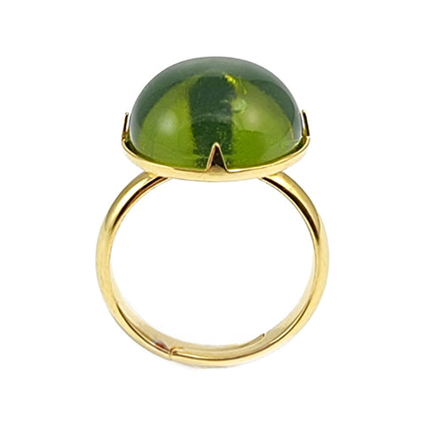 Green Amber Round Adjustable Ring 14K Gold Plated