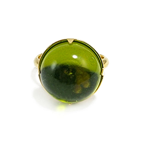 Green Amber Round Adjustable Ring 14K Gold Plated