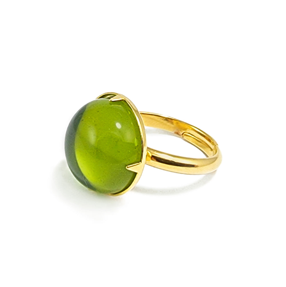 Green Amber Round Adjustable Ring 14K Gold Plated