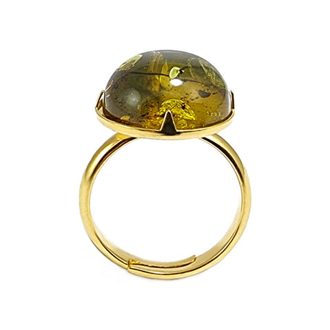 Green Fossil Amber Round Adjustable Ring 14K Gold Plated