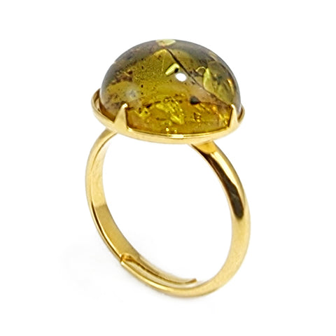 Green Fossil Amber Round Adjustable Ring 14K Gold Plated