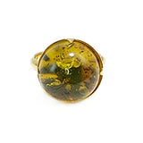 Green Fossil Amber Round Adjustable Ring 14K Gold Plated