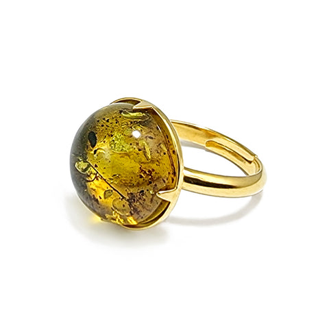 Green Fossil Amber Round Adjustable Ring 14K Gold Plated