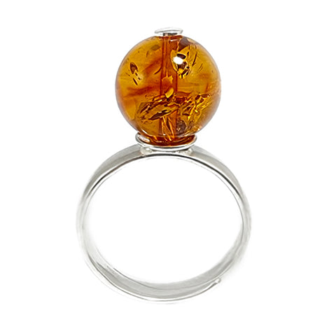 Cognac Amber Round Bead Adjustable Ring Sterling Silver