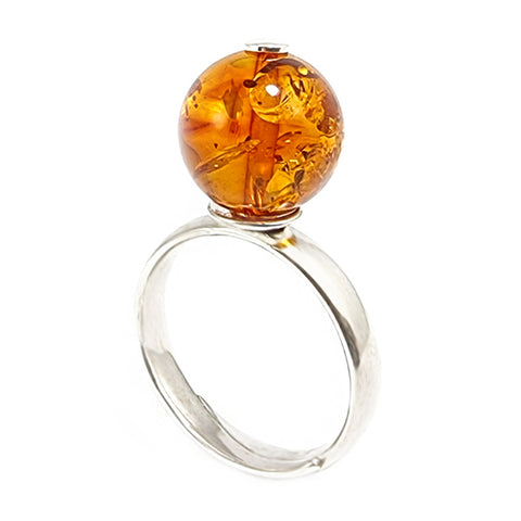 Cognac Amber Round Bead Adjustable Ring Sterling Silver