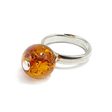 Cognac Amber Round Bead Adjustable Ring Sterling Silver
