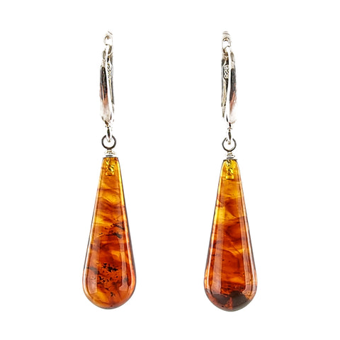 Cognac Amber Drop Dangle Earrings Sterling Silver