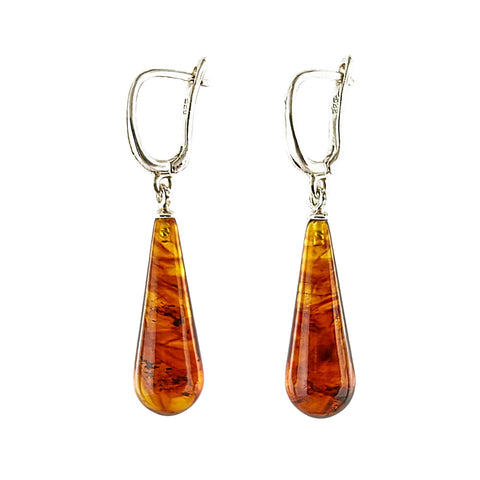 Cognac Amber Drop Dangle Earrings Sterling Silver