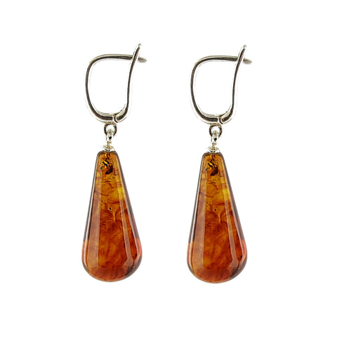 Cognac Amber Drop Dangle Earrings Sterling Silver