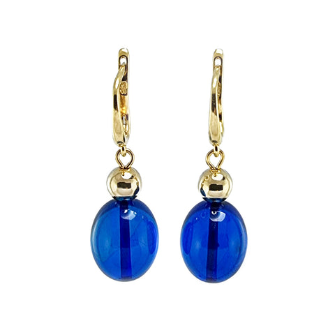 Blue Amber Olive Dangle Earrings 14K Gold Plated