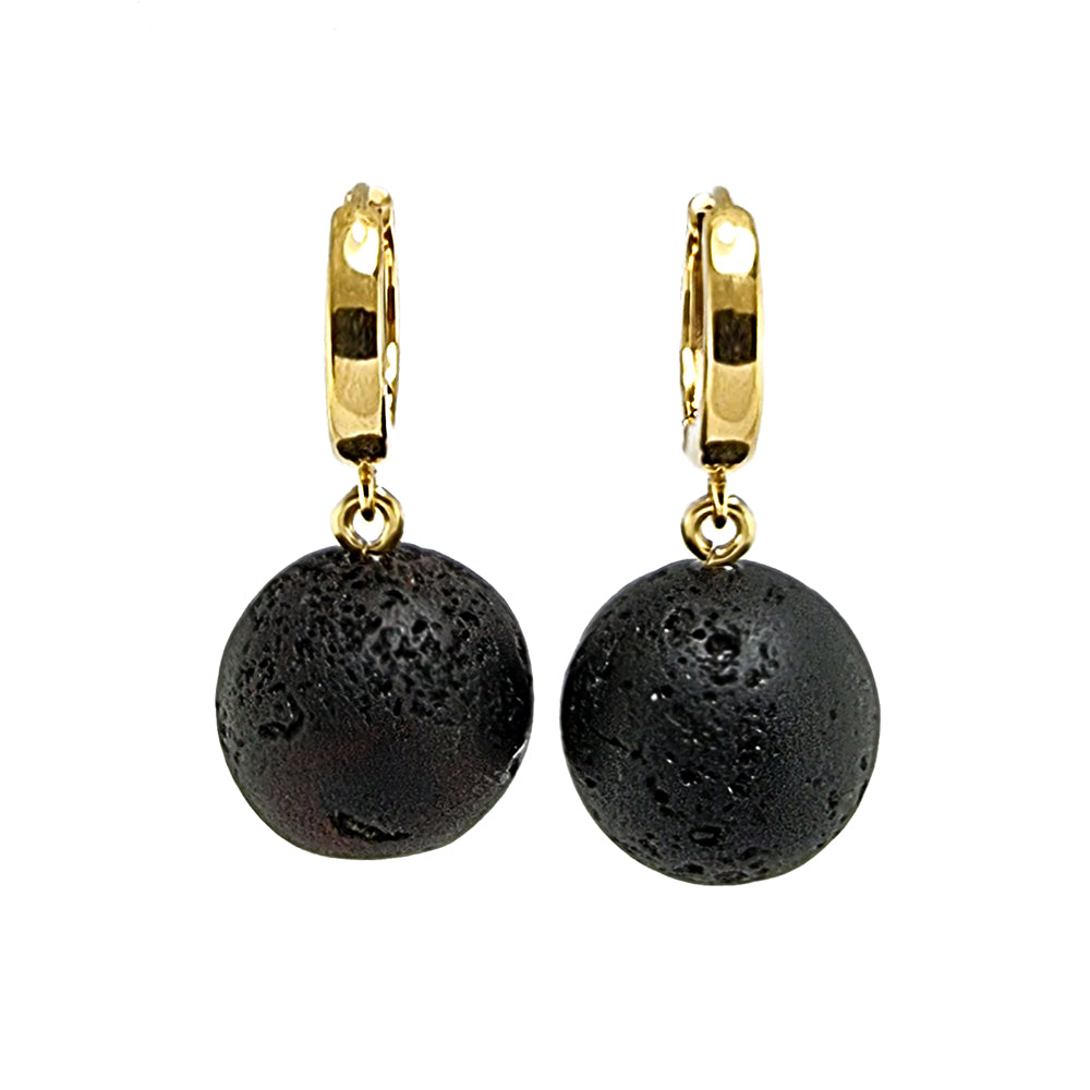 Black Amber Round Dangle Earrings 14k Gold Plated