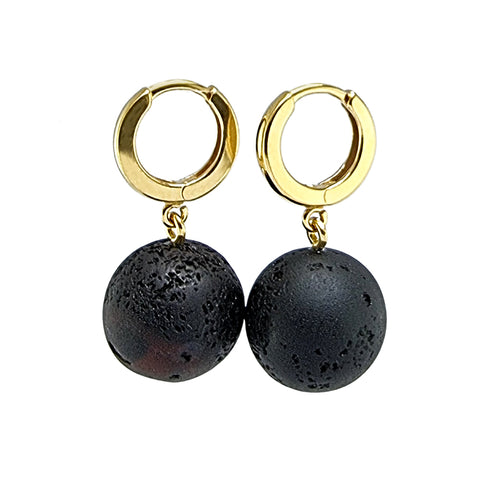 Black Amber Round Dangle Earrings 14k Gold Plated