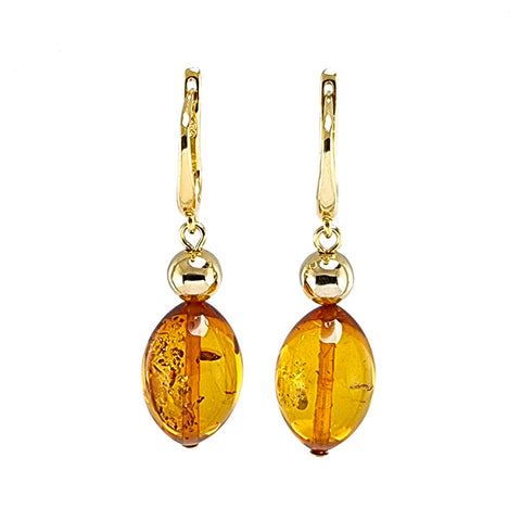 Cognac Amber Olive Dangle Earrings 14K Gold Plated