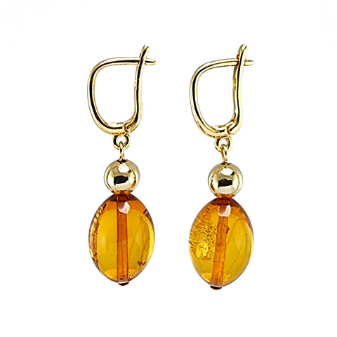 Cognac Amber Olive Dangle Earrings 14K Gold Plated