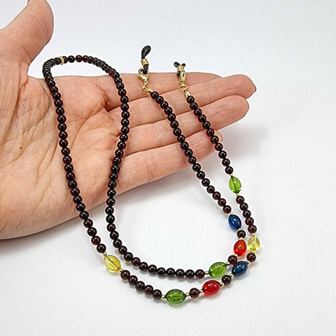 Multi-Color Amber Round And Olive Beaded Eyeglasses Chain