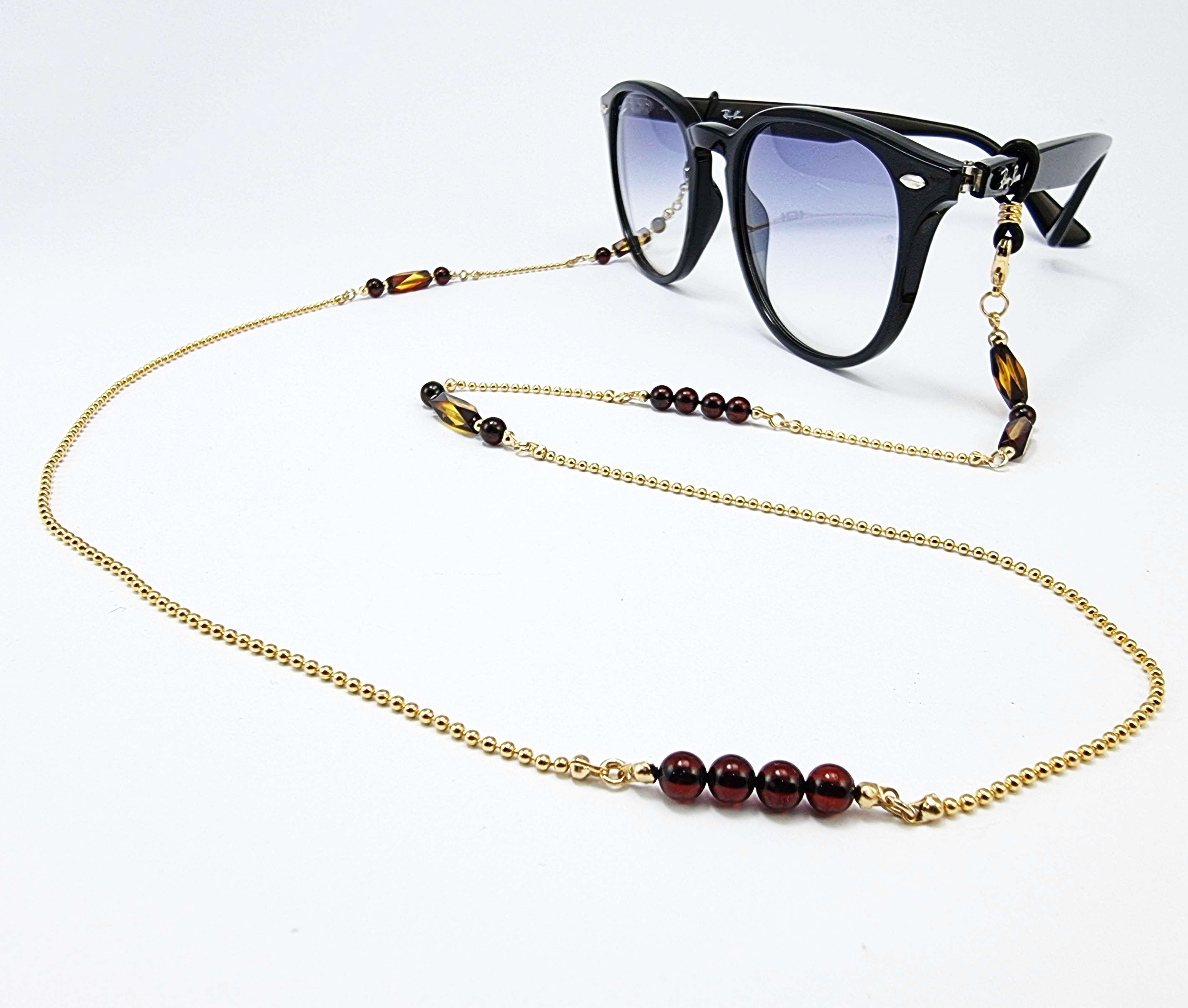 Multi-Color Amber Round Beaded Eyeglasses Chain 14k Gold Plated