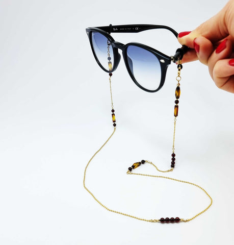 Multi-Color Amber Round Beaded Eyeglasses Chain 14k Gold Plated