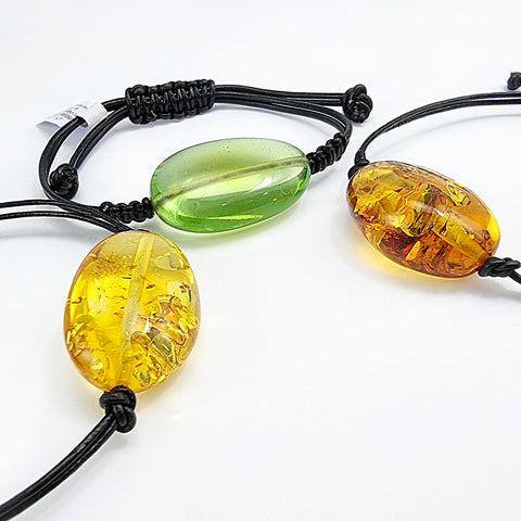 Green Amber Nugget & Leather Adjustable Bracelet