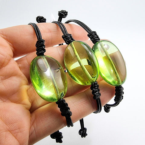 Green Amber Nugget & Leather Adjustable Bracelet