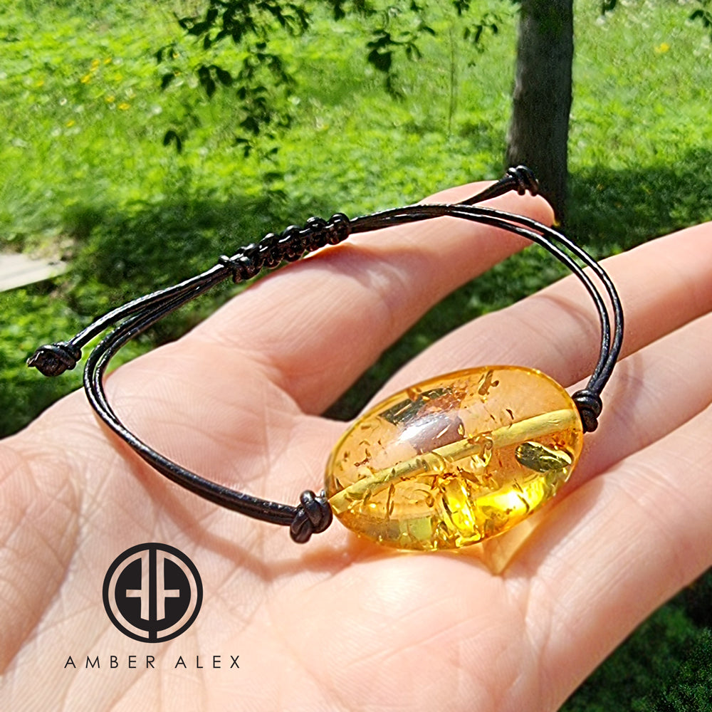 Lemon Amber Nugget & Leather Adjustable Bracelet