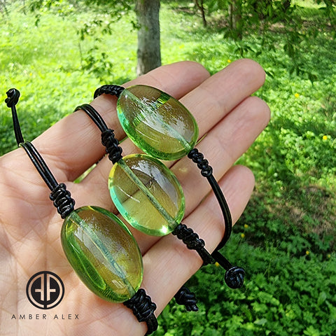 Green Amber Nugget & Leather Adjustable Bracelet