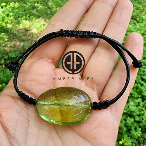 Green Amber Nugget & Leather Adjustable Bracelet