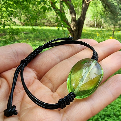 Green Amber Nugget & Leather Adjustable Bracelet