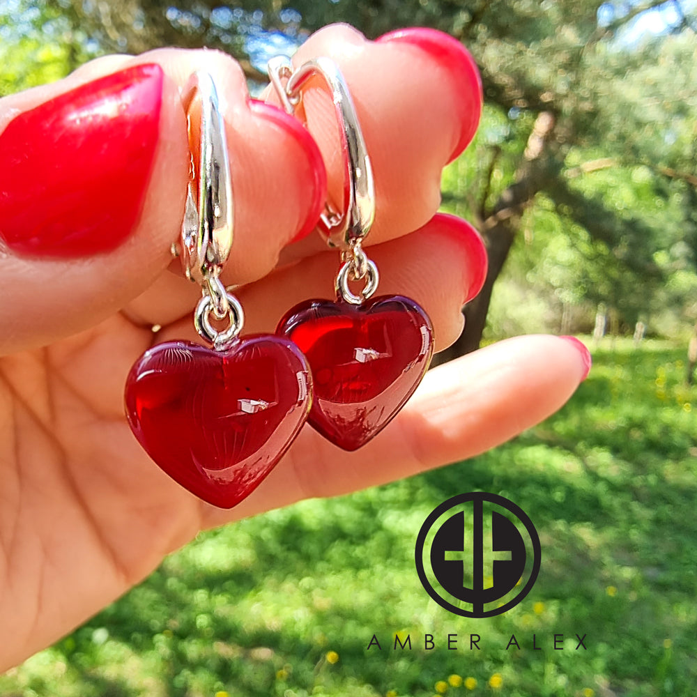 Red Amber Heart Dangle Earrings Sterling Silver