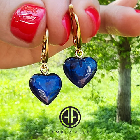 Blue Amber Heart Dangle Earrings 14K Gold Plated