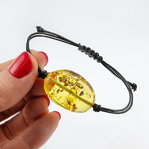 Lemon Amber Nugget & Leather Adjustable Bracelet