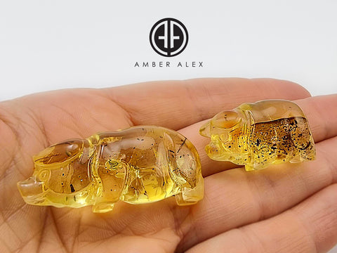 Natural Amber Carved Pig Figurine With Insects