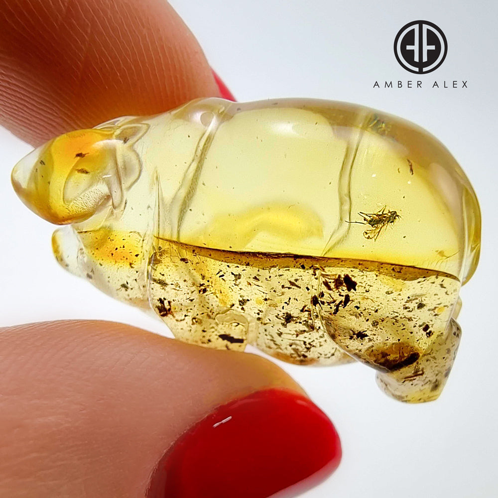 Natural Amber Carved Pig Figurine With Insects