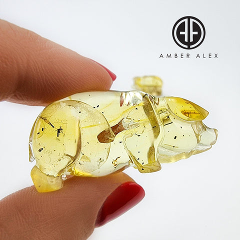 Natural Amber Carved Pig Figurine With Insects