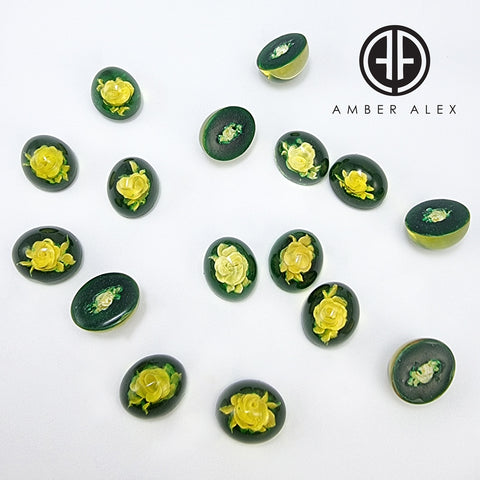 Green Amber Engraved Roses Oval Shape Cabochons